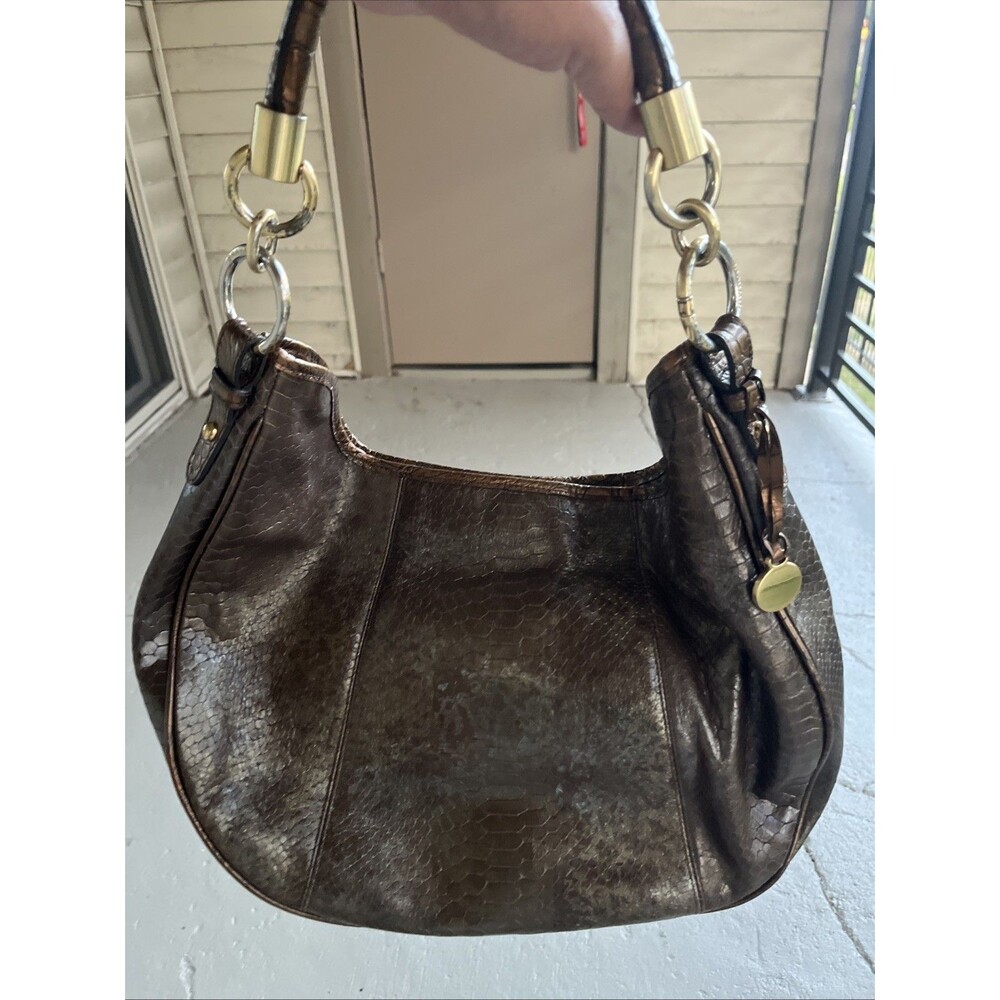 BRAHMIN Women's Hobo Style Embroidered Leather Snakeskin Handbag Brown Handle